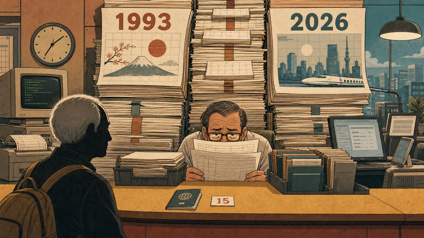 1993年から2026年まで積み上がった書類を挟み、匿名の高齢旅行者と疲れた入管職員が向かい合うレトロな風刺イラスト。